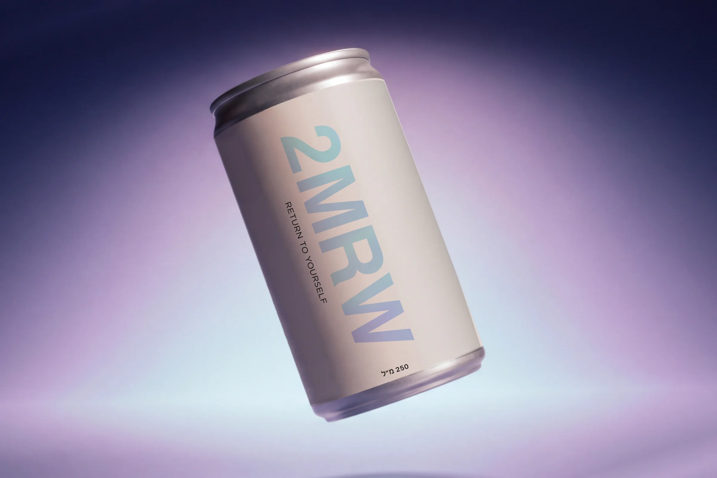 A 2MRW can tossed in the air, close up against a navy to lilac glow, the vertical wordmark and Return to yourself on its cream label