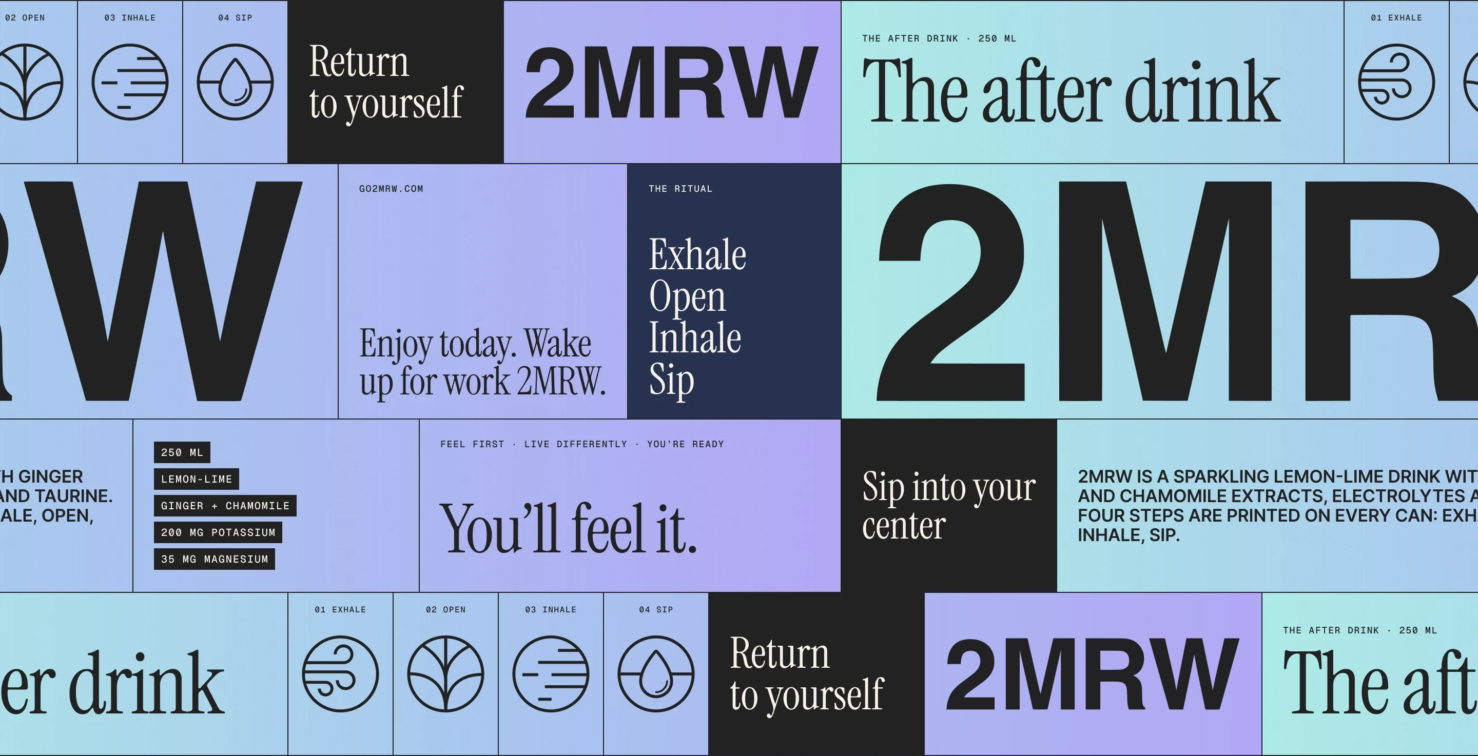 A tiled brand banner on the 2MRW gradient: the wordmark at full size, the four ritual icons, the lines The after drink and Return to yourself, and product tags