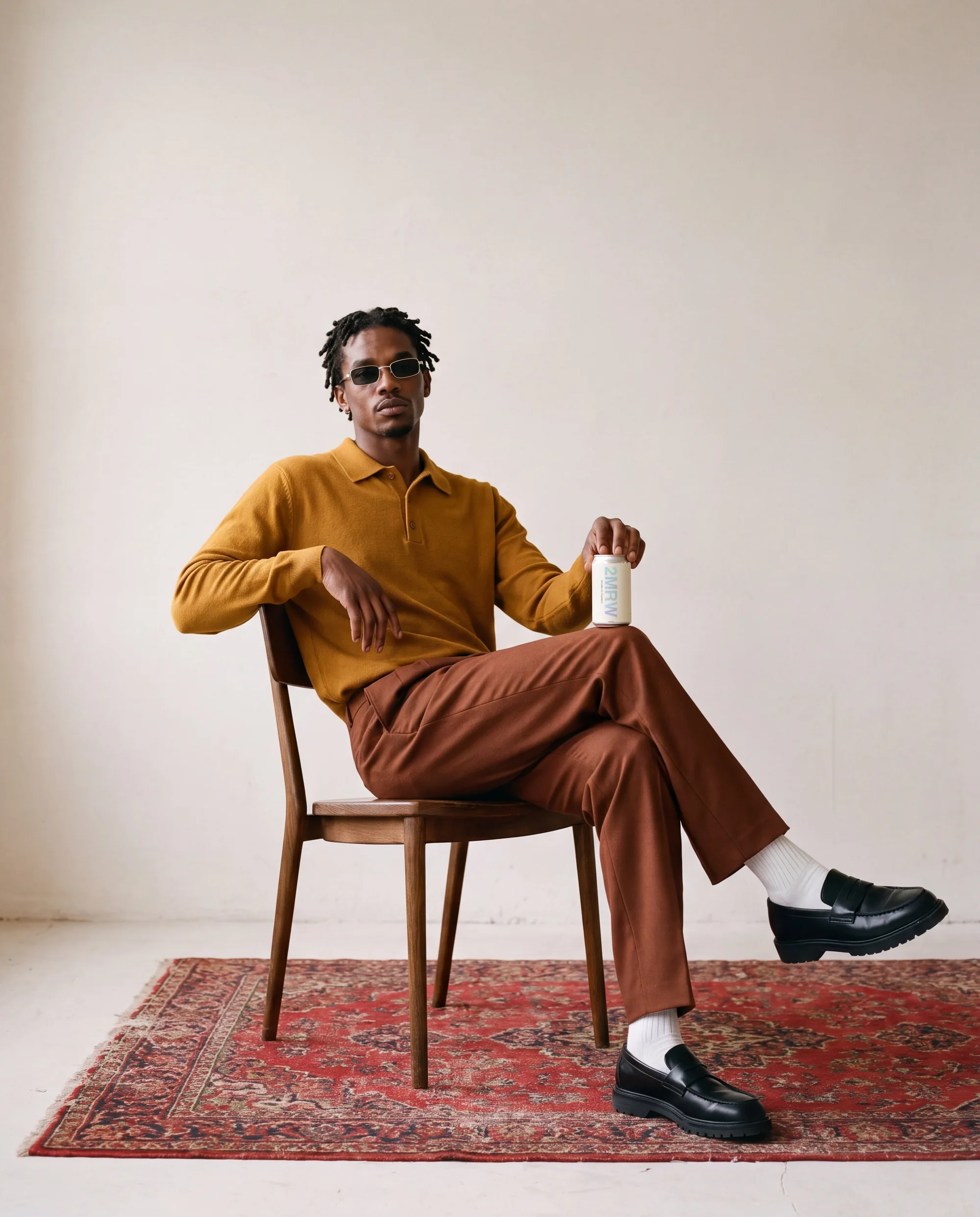 A man in an ochre knit polo and rust trousers sits on a wooden chair on a red rug, holding a 2MRW can