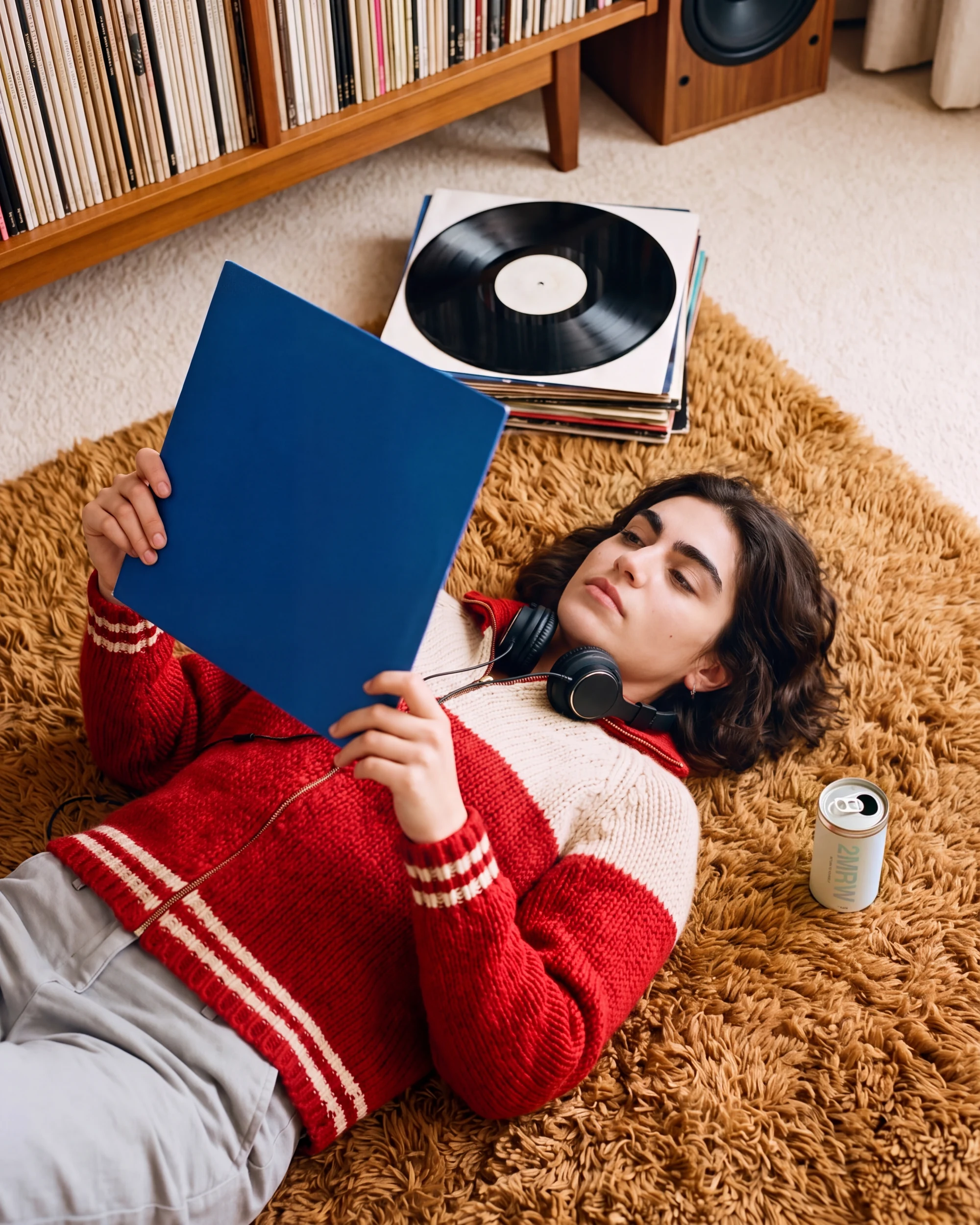 A woman in a red and cream cardigan lies on a shag rug studying a blue record sleeve, a 2MRW can beside her