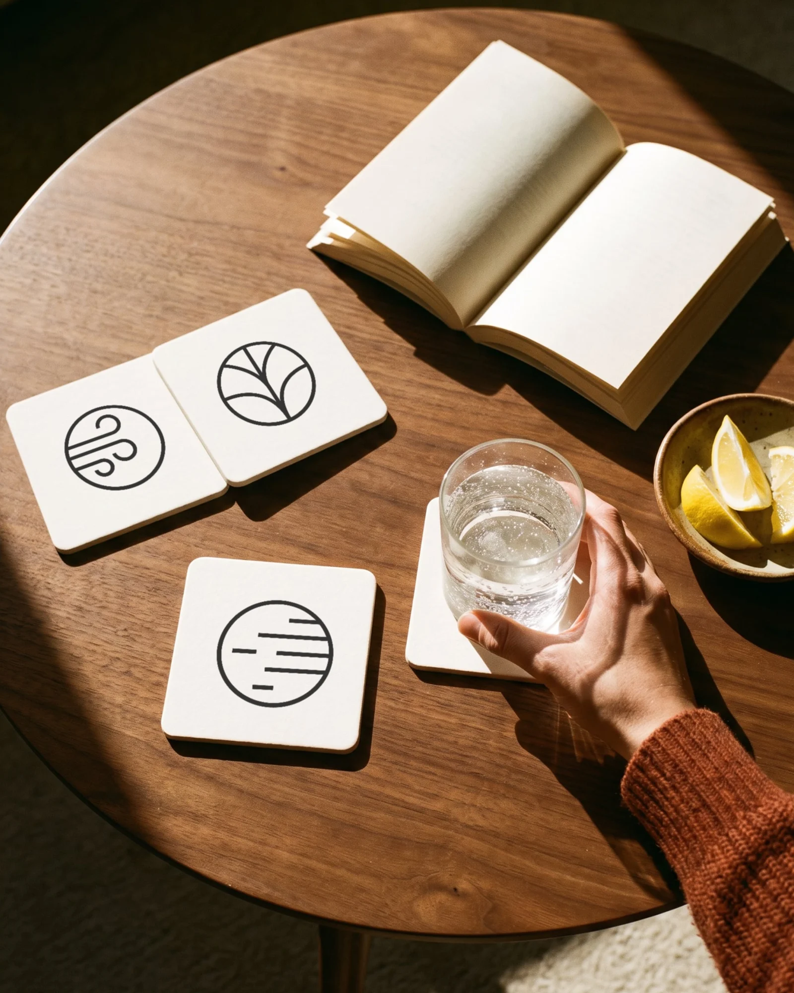 A walnut coffee table from above with 2MRW coasters, each printed with a ritual icon, and a hand lifting a glass of sparkling water