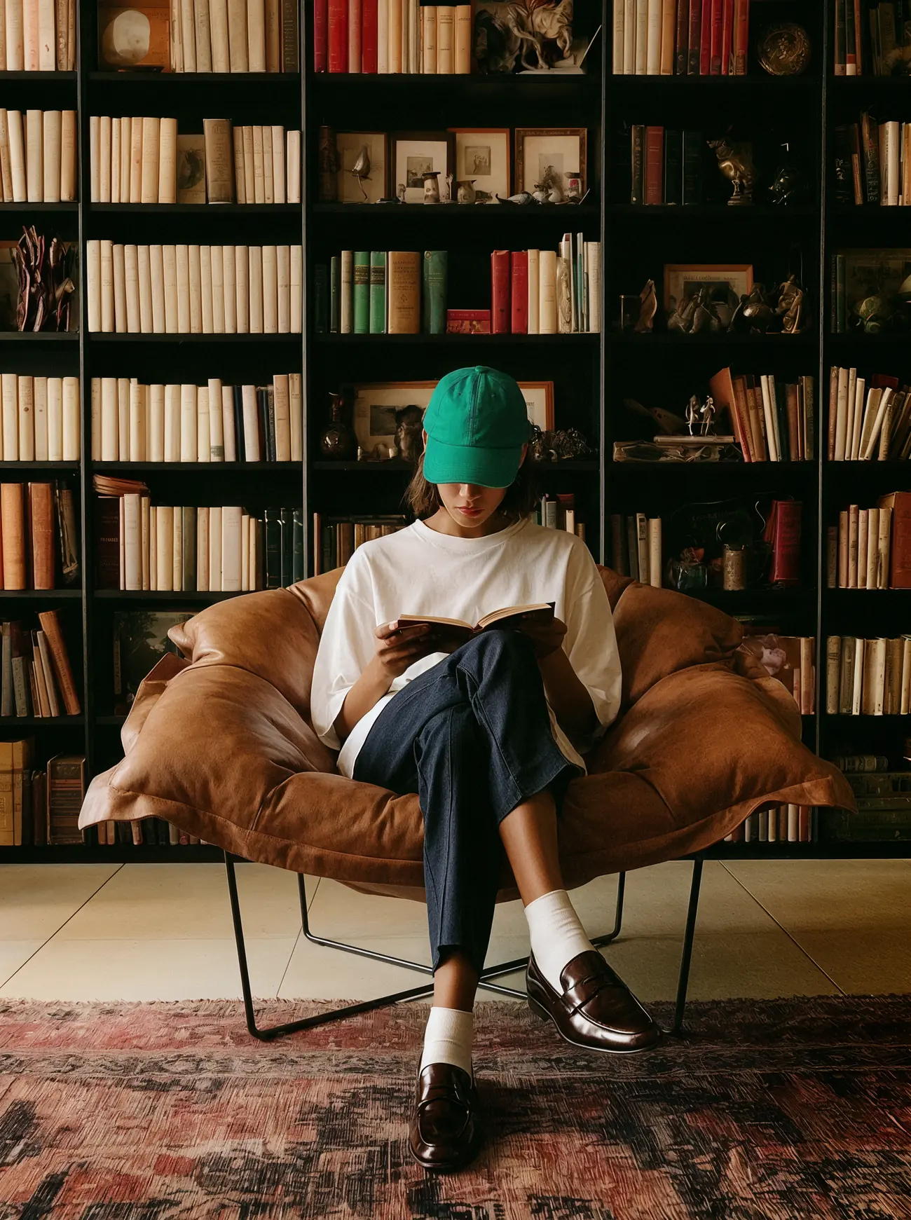 A brown chair in a book-lined library
