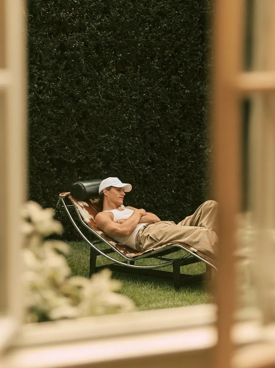 A lounger seen through a window frame