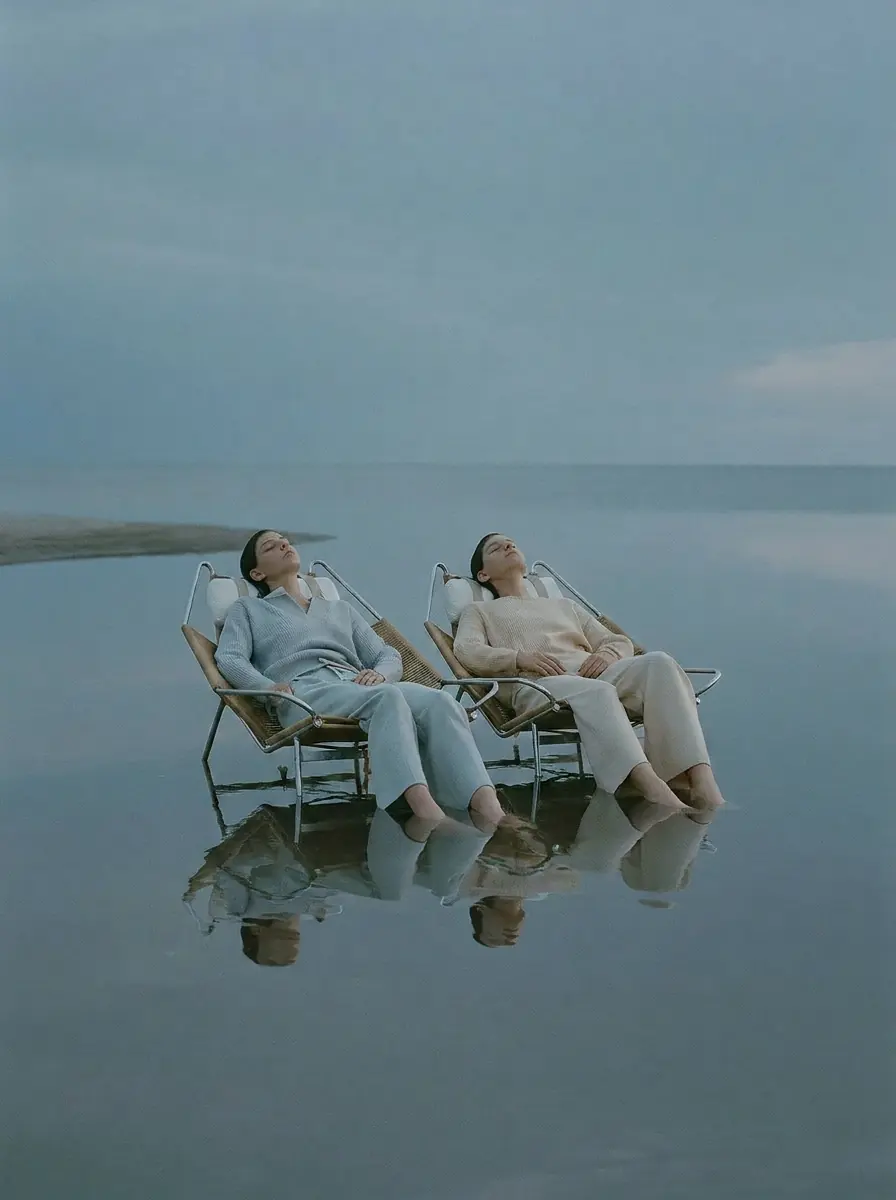 Two loungers reflected on still water