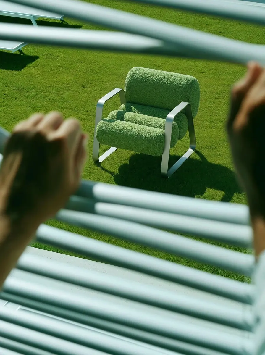 A green chair among pale blue tubes