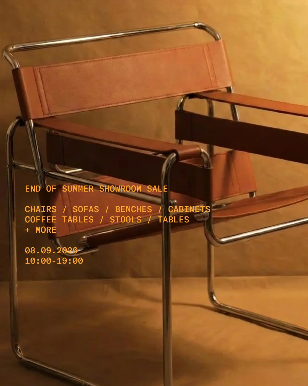 End of summer showroom sale announcement over a chair