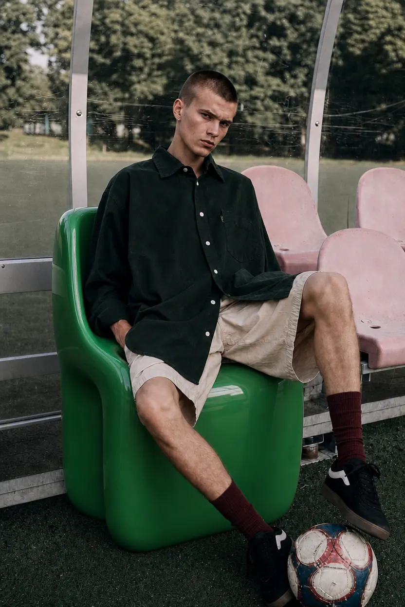 A player seated on a green chair beside a goal