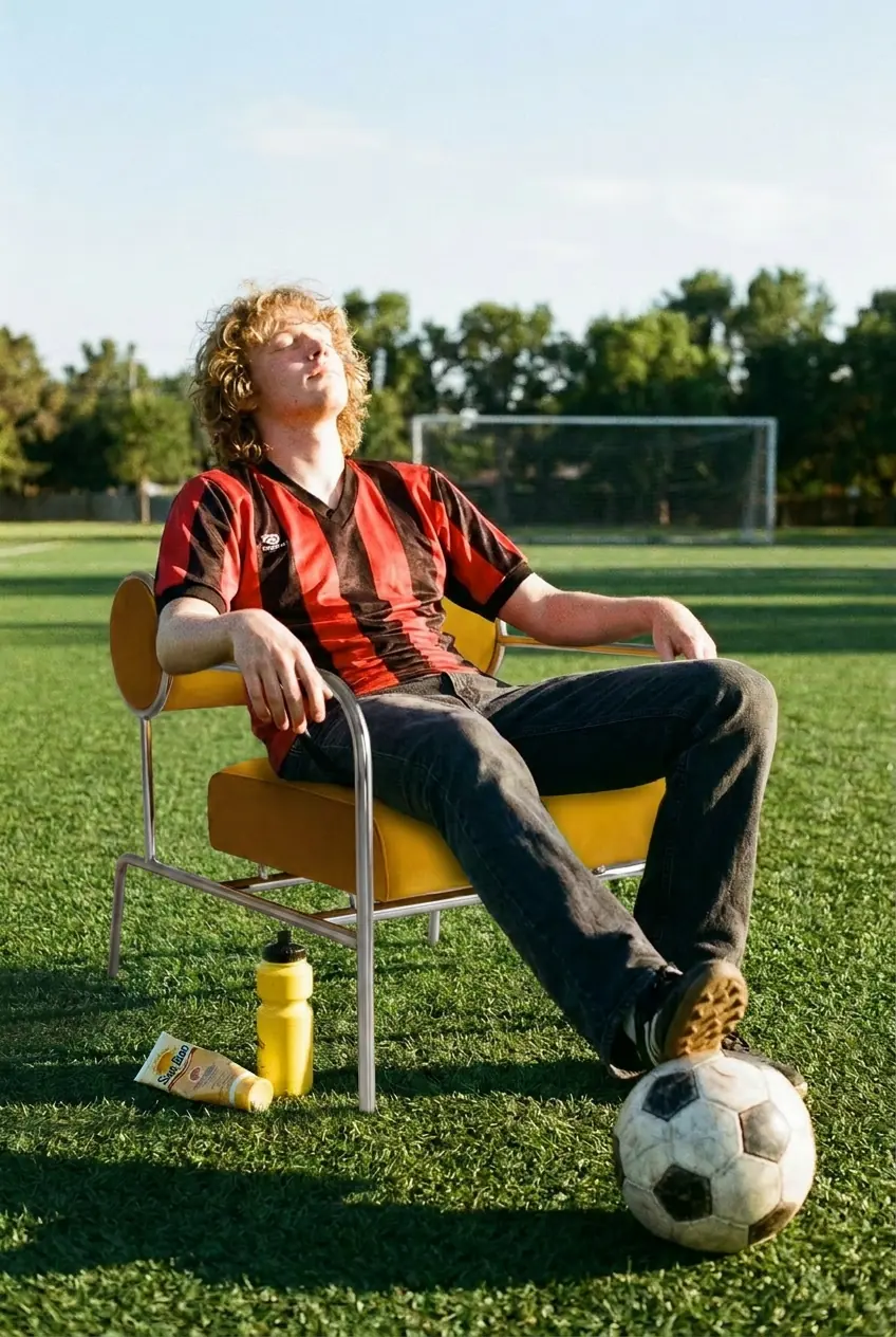 A player on a yellow chair on a pitch with a ball