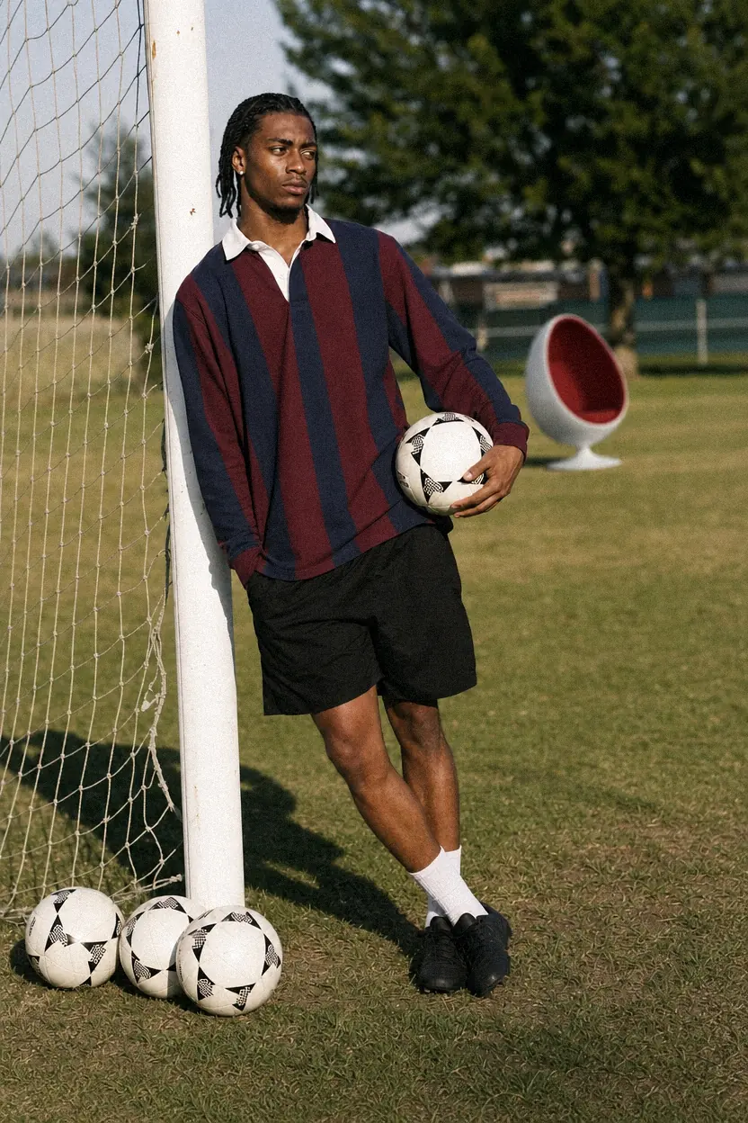 A goalkeeper standing with footballs and a red chair