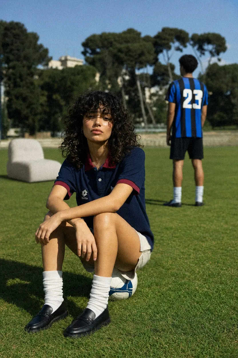 A player crouched on a pitch with figures behind