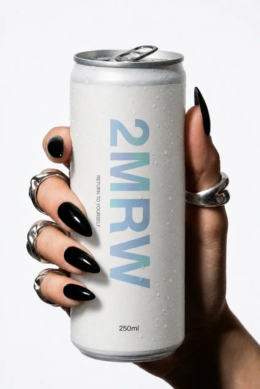 A hand with black nails holding a 2MRW can