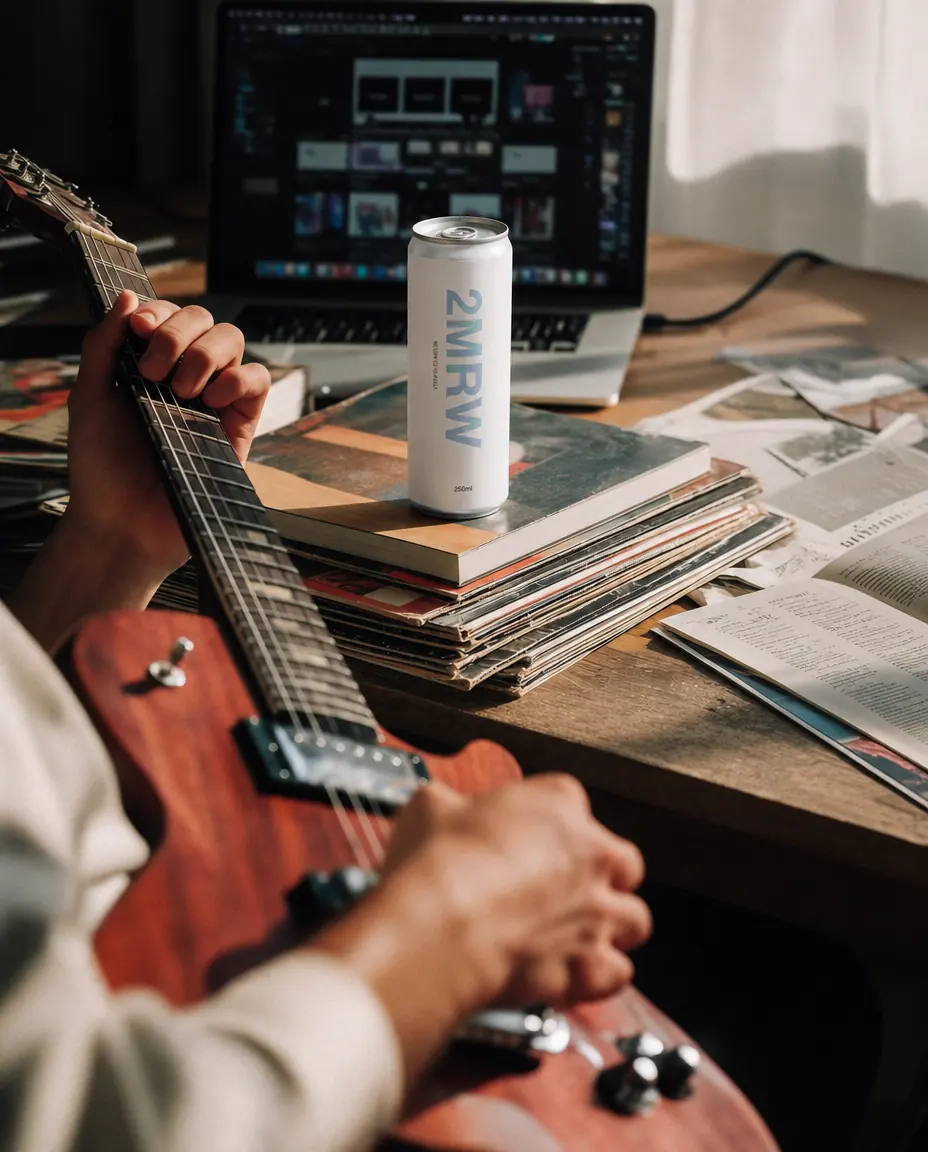A 2MRW can on a desk beside a guitar