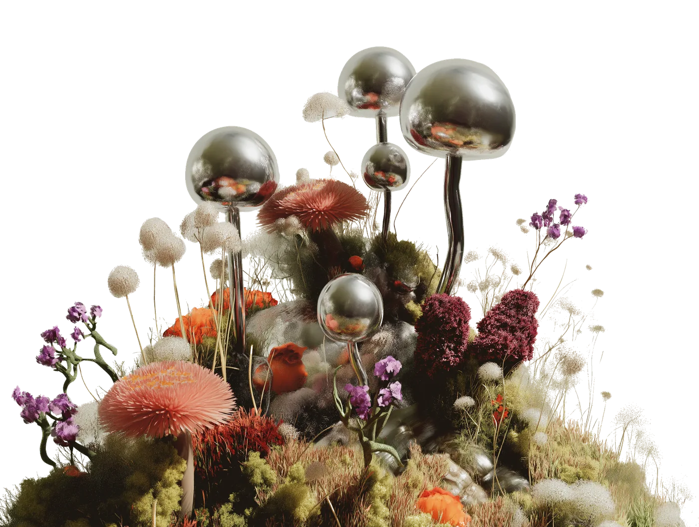 Chrome spheres rising on thin stems over moss, coral fungus and wildflowers.