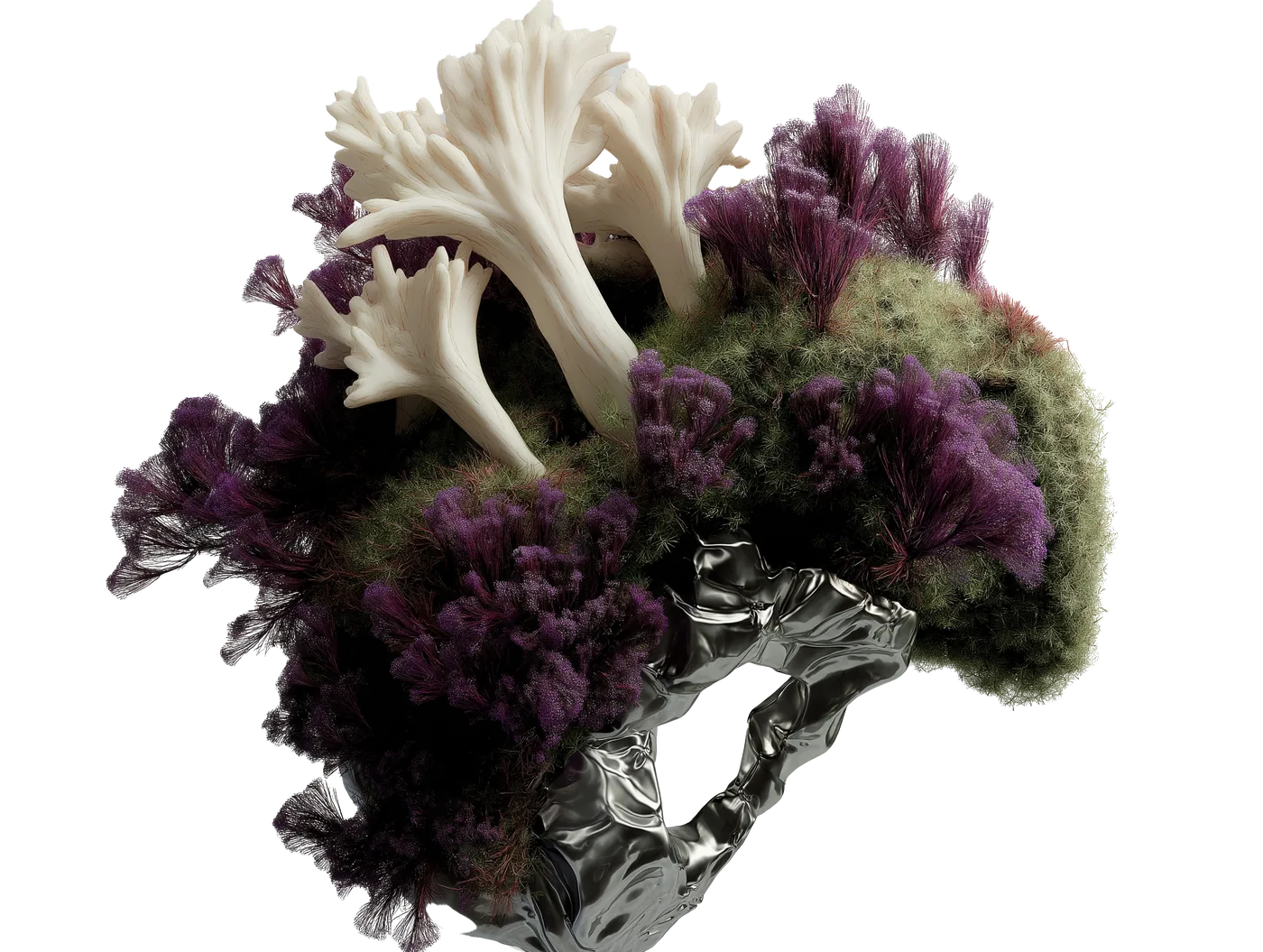 Violet thistles and white coral fungus over a folded chrome mass.