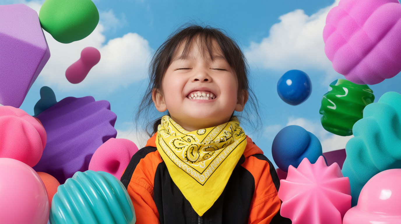 A smiling child surrounded by soft, colourful 3D forms against a bright sky