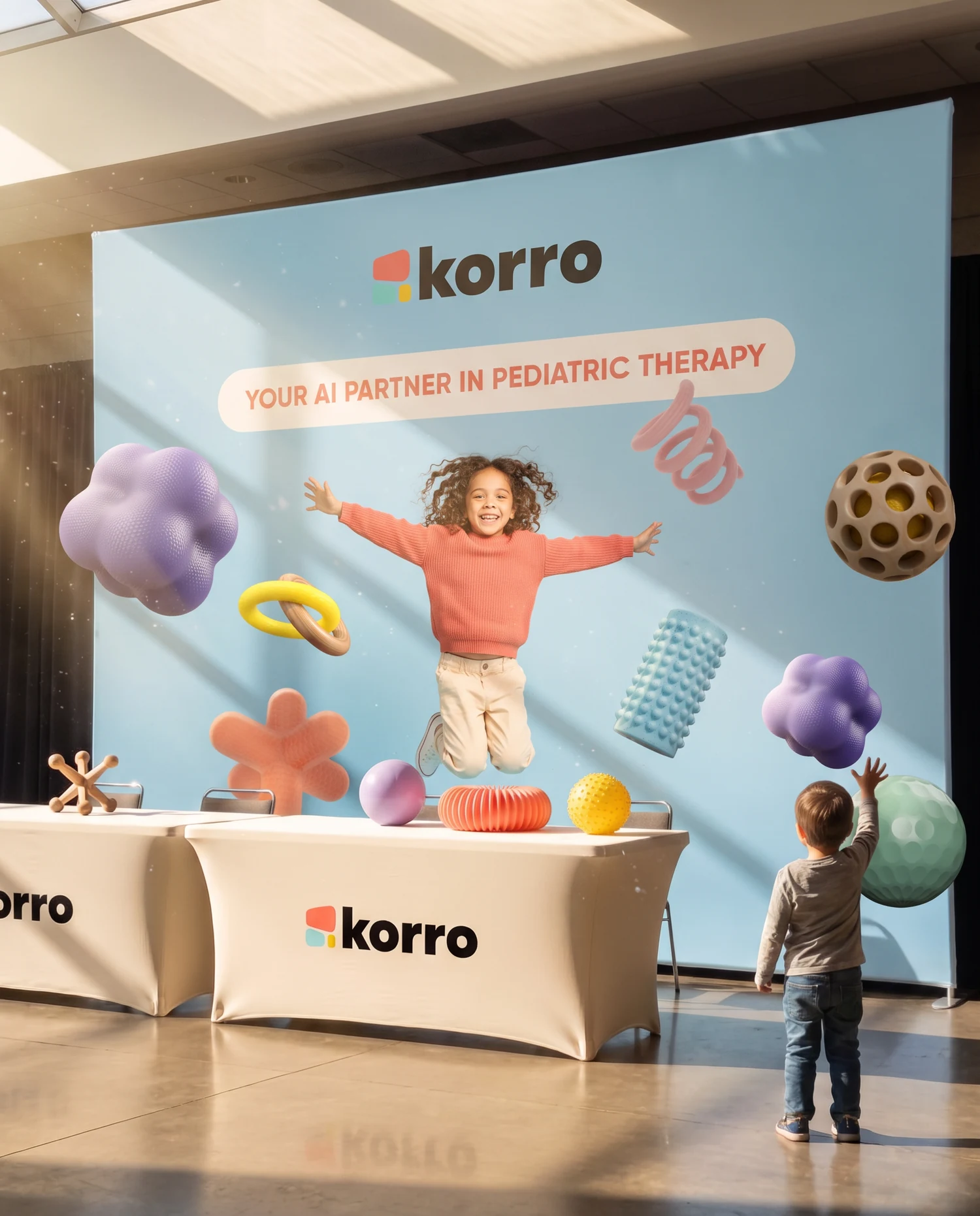 A large sky-blue fabric backdrop in a sunlit conference hall: the Korro logo and the line your AI partner in pediatric therapy above a girl in a coral jumper leaping with her arms wide among giant floating Korro forms, a lilac bumpy cloud, linked rings, a pink coil, a studded roller and a honeycomb ball, some of them drifting past the edge of the print into the room; in front, tables with cream Korro cloths, and a small child on tiptoe reaching up for one of the forms.