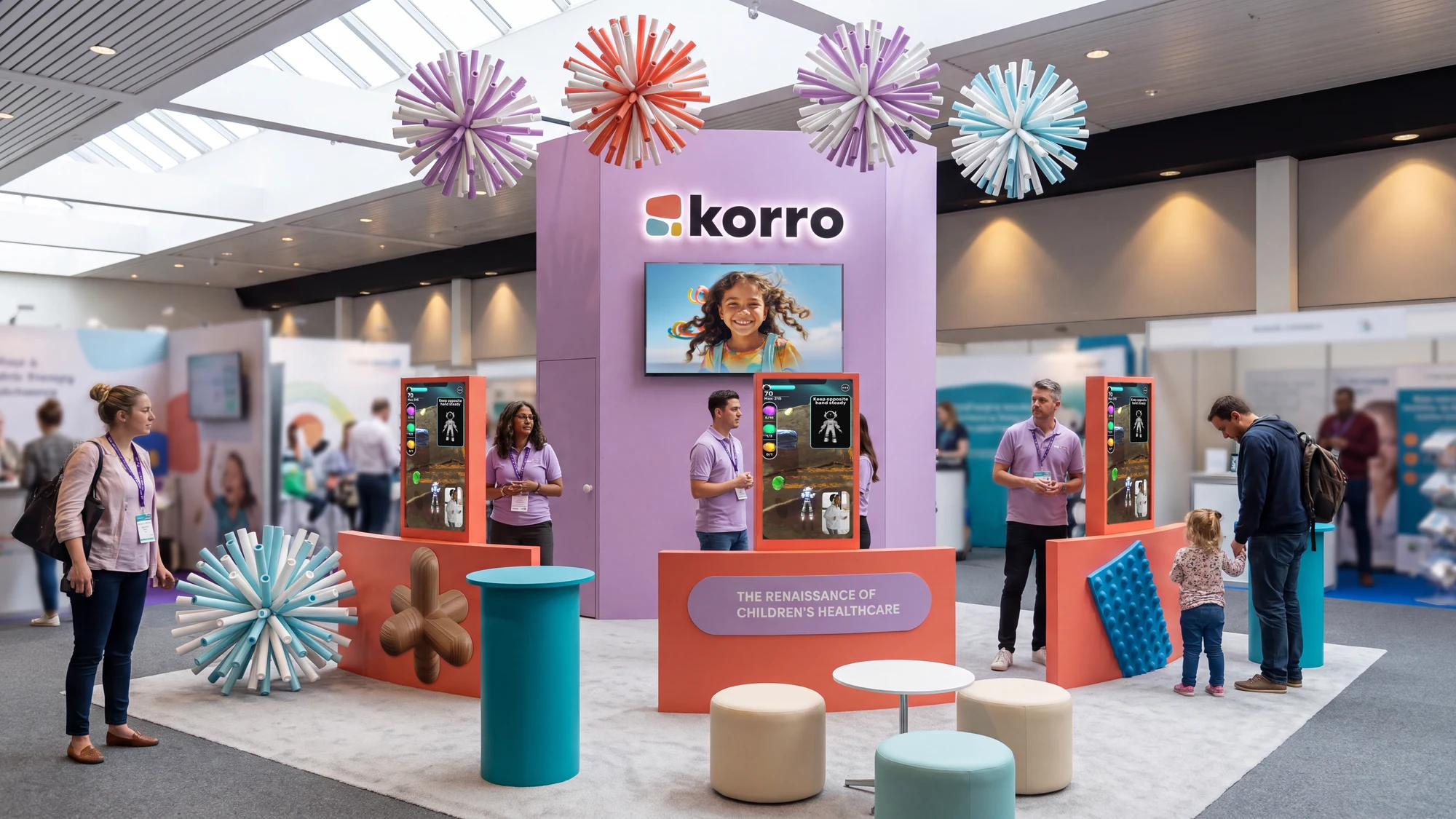The Korro booth built on a bright conference floor: a tall lilac tower with the illuminated logo and a screen showing a laughing girl, three coral counters with upright screens running the Korro game, a lilac sign reading the renaissance of children’s healthcare, teal high tables and pouf seats, four large burst sculptures in lilac, coral and sky blue on top and one on the floor beside a wooden jack; staff in lilac shirts talk with visitors and a small child stands with a parent