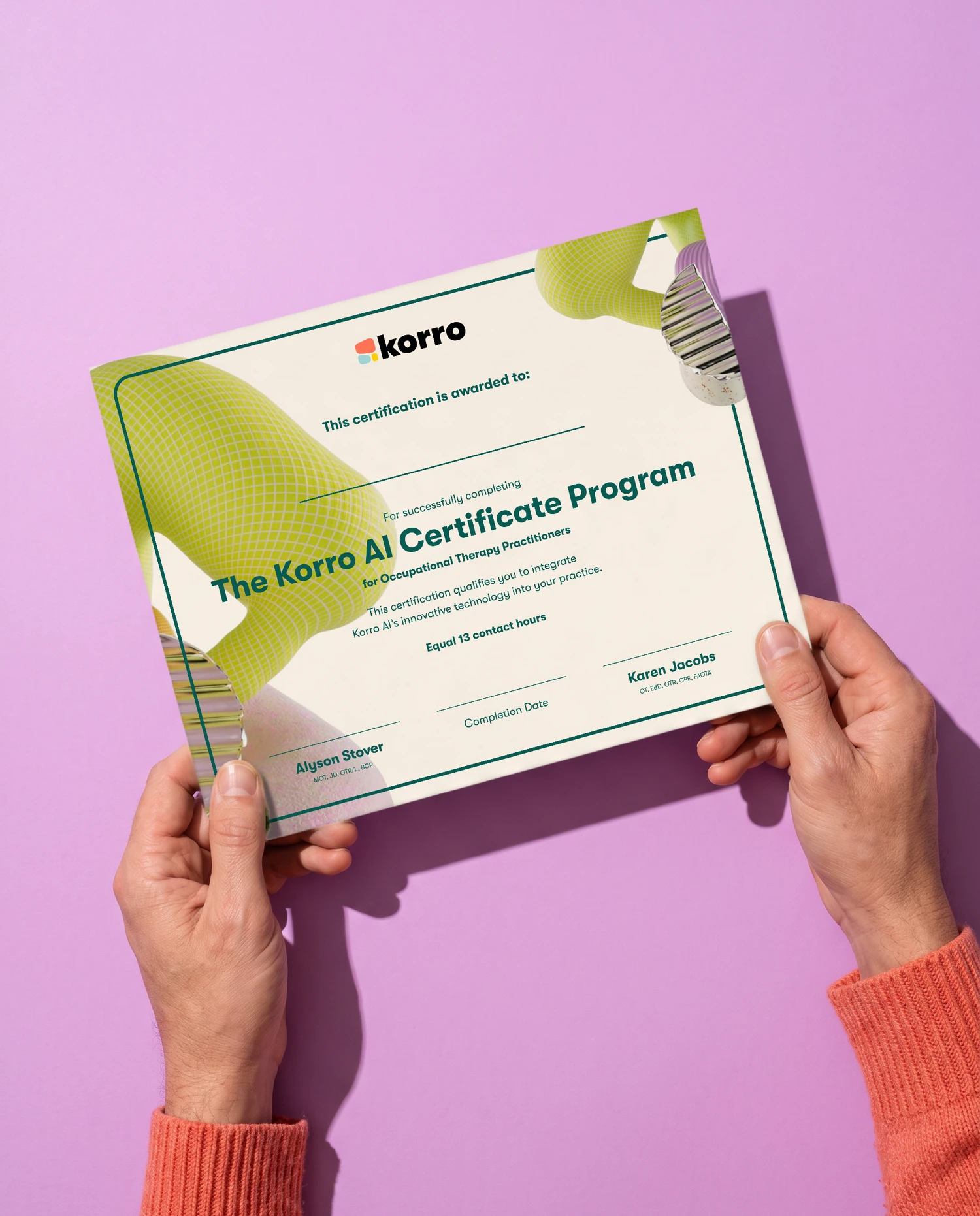Two hands in a coral sweater holding the Korro AI Certificate Program certificate against a lilac backdrop in hard sunlight