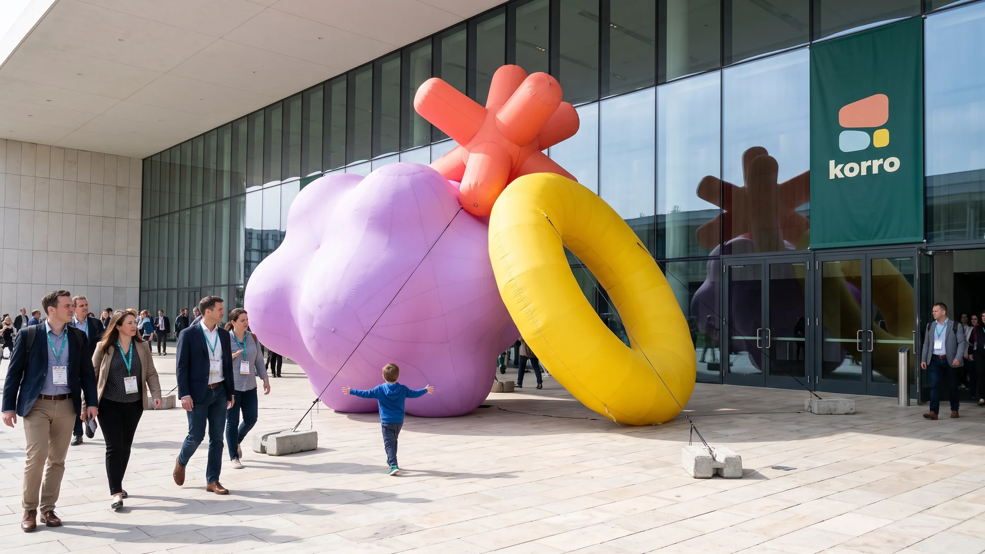 Outside the glass front of a convention centre, three inflatables two storeys tall, a lilac bumpy form, a coral jack and a yellow ring, held by tether lines; people with lanyards walk past, a small boy runs at them with his arms out, and a dark green Korro banner hangs by the doors