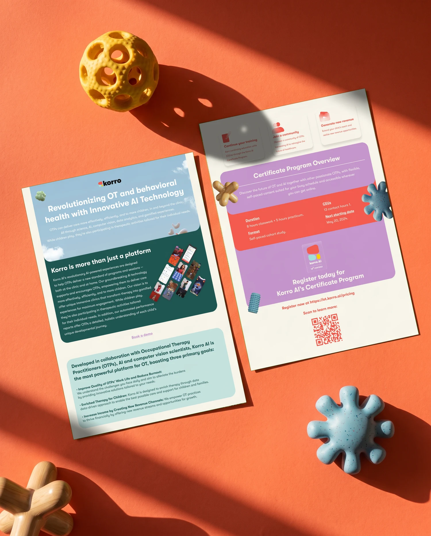 Both sides of the Korro leaflet lying on orange paper in hard sunlight, with a yellow ball, a blue form and a wooden jack beside them