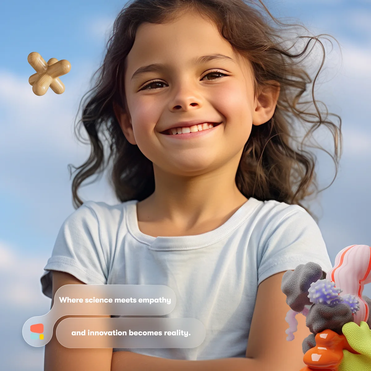A smiling girl against the sky with forms beside her and the line where science meets empathy and innovation becomes reality