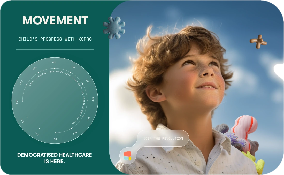 A Movement card: on dark green, a round frosted dial marking a child's progress with Korro month by month, beside a boy looking up at the sky, with the Korro symbol on a frosted pill