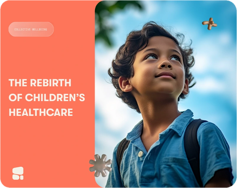 A coral card reading the rebirth of children's healthcare beside a boy looking up at the sky, with the Korro symbol in cream