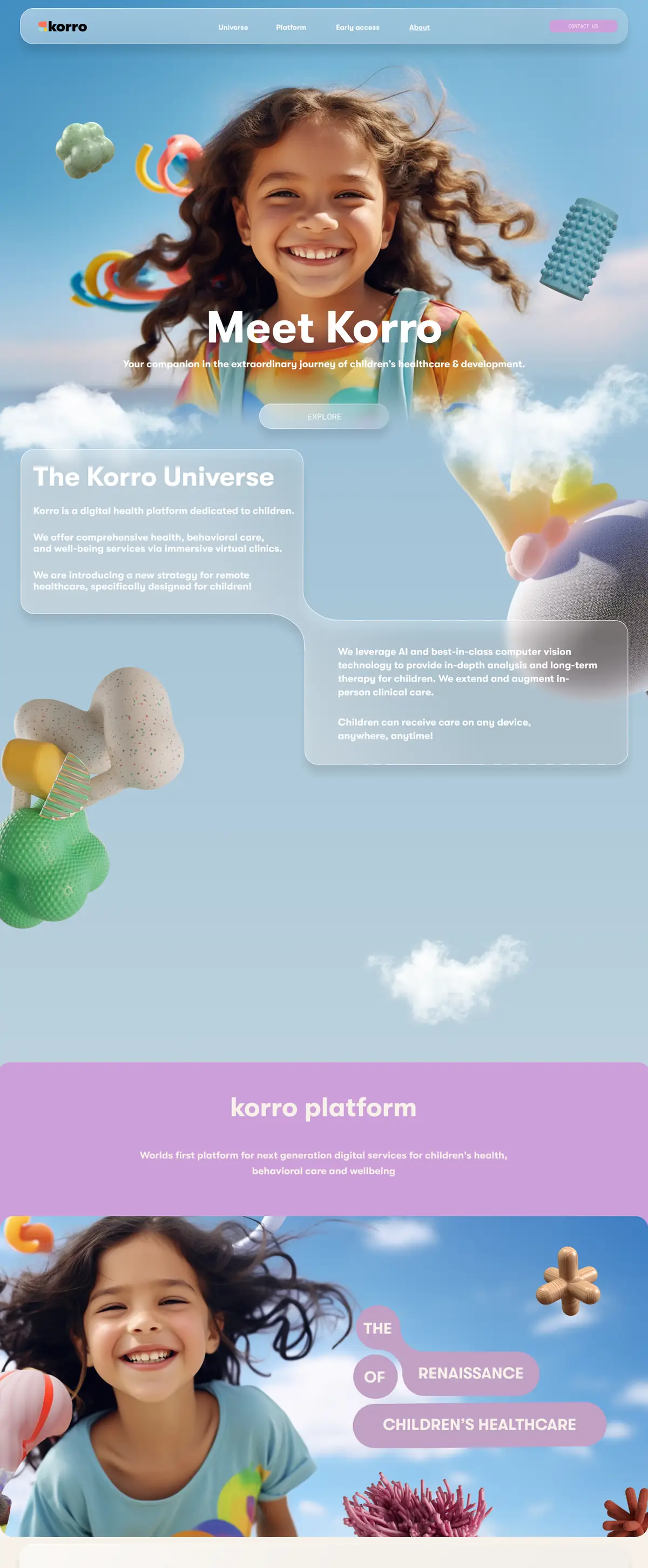 The first third of the Korro homepage: hero, the Korro universe and the platform