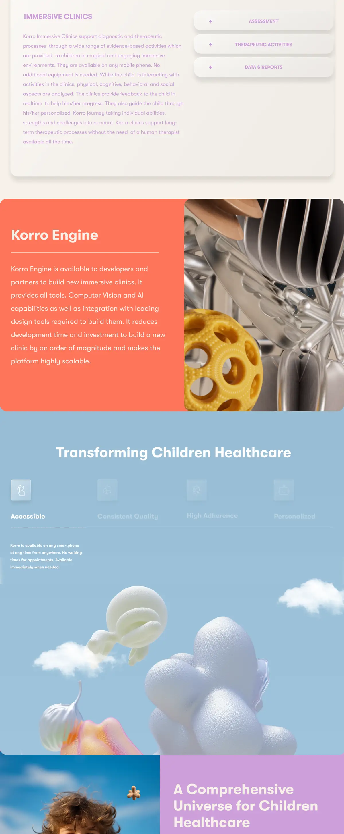 The middle of the Korro homepage: immersive clinics, the engine and transforming children's healthcare
