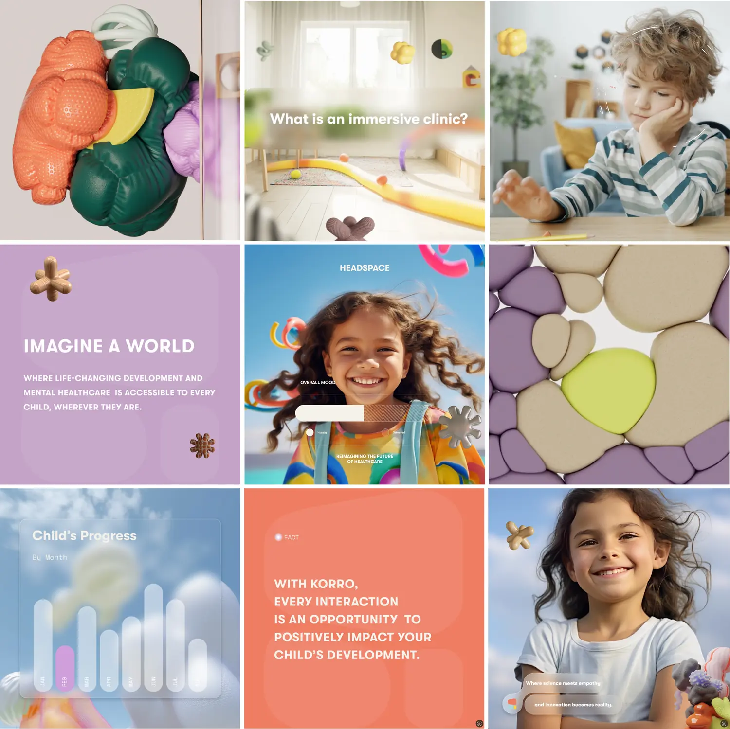Nine Korro posts arranged as a grid: children, 3D forms, lilac and orange text posts