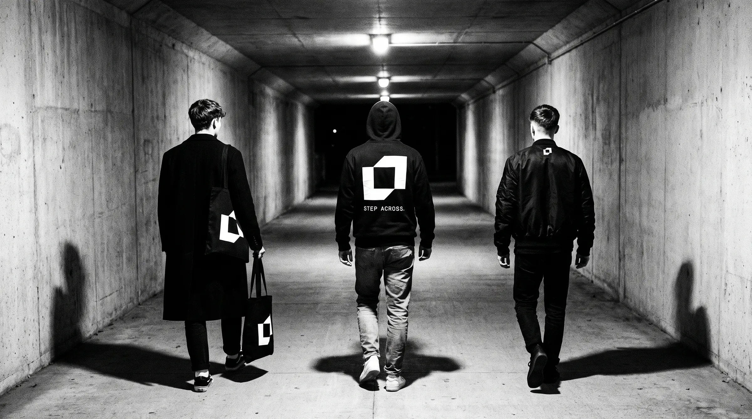 Campaign: three figures in black Liminal pieces walking down a concrete underpass at night, shot with flash