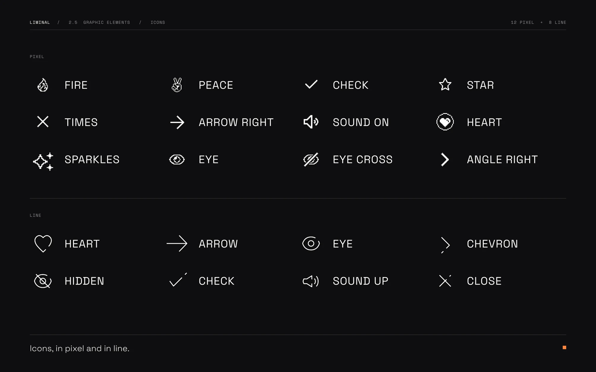 Icon index: twelve pixel icons and eight line icons with their names