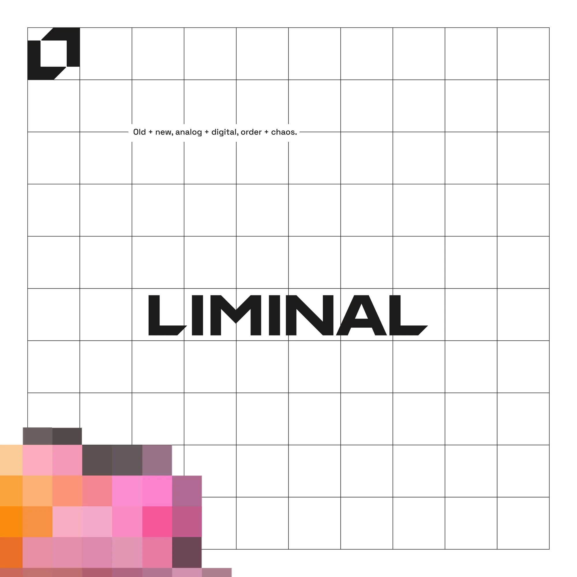 Post: LIMINAL on a white grid with a pixel block