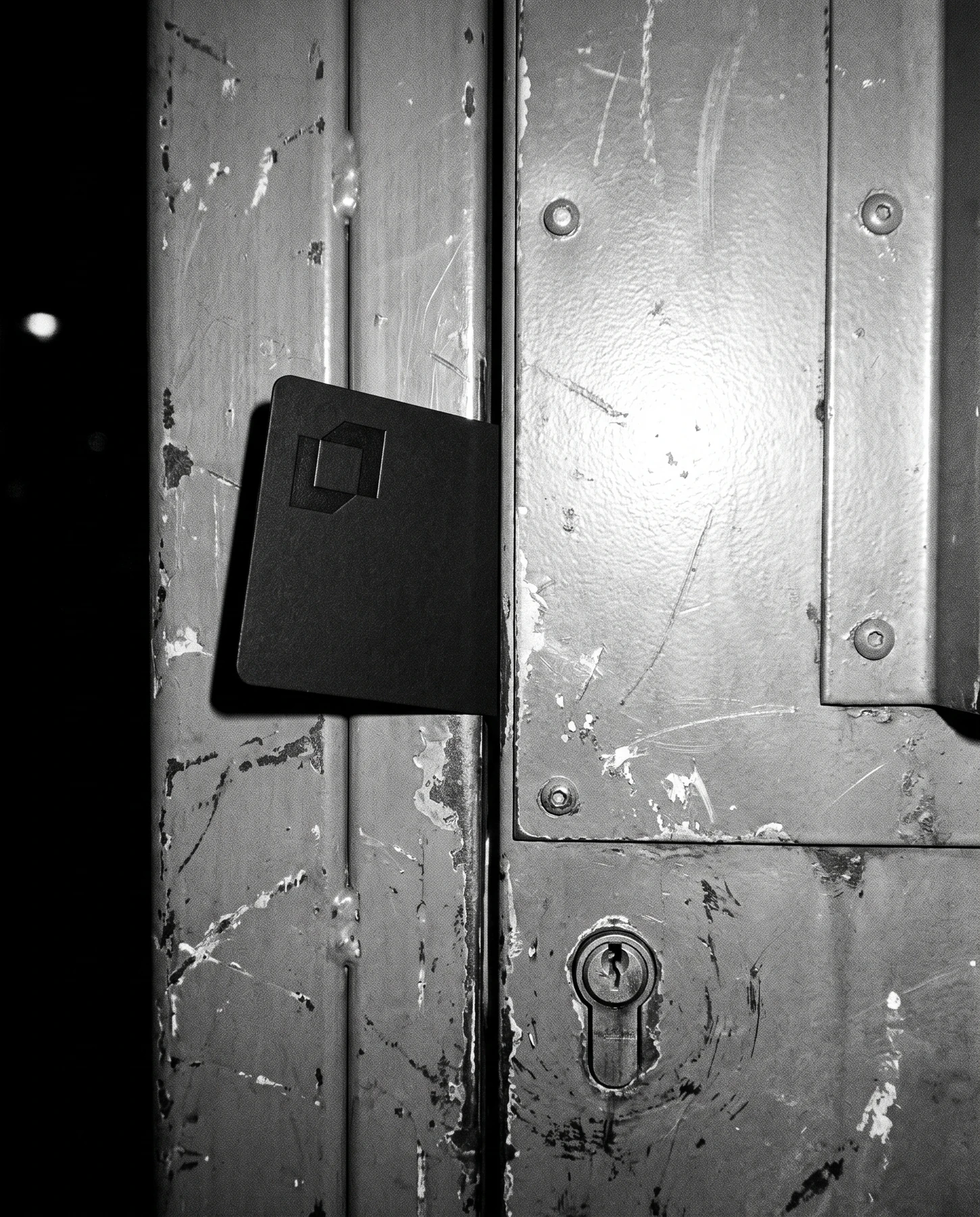 A black card wedged in the gap of a steel door above the keyhole, the symbol embossed small in its corner