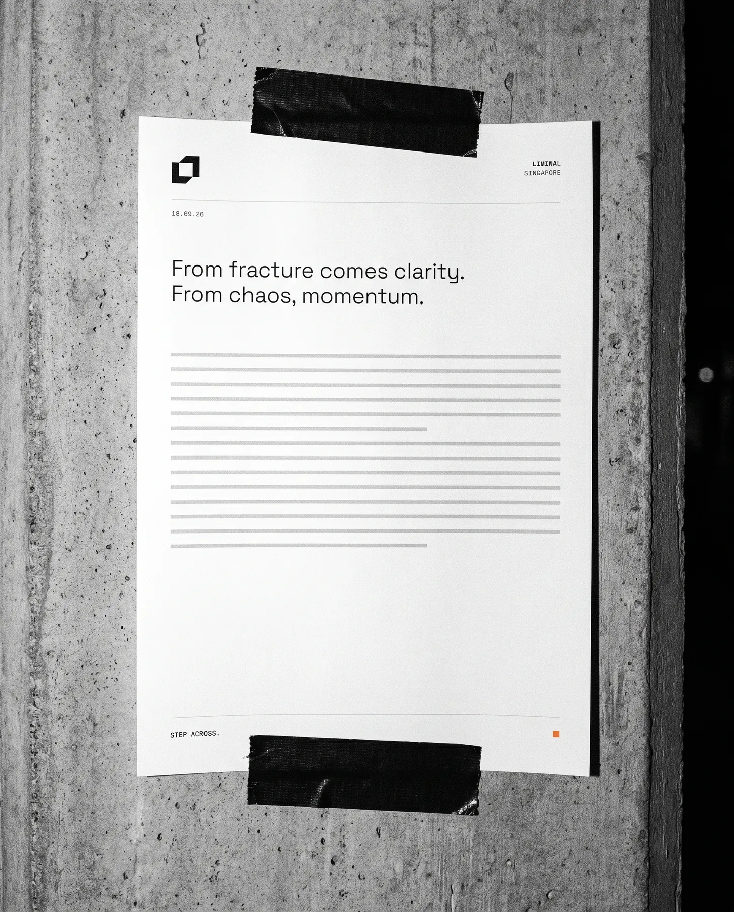 A letterhead taped to a concrete wall with black tape