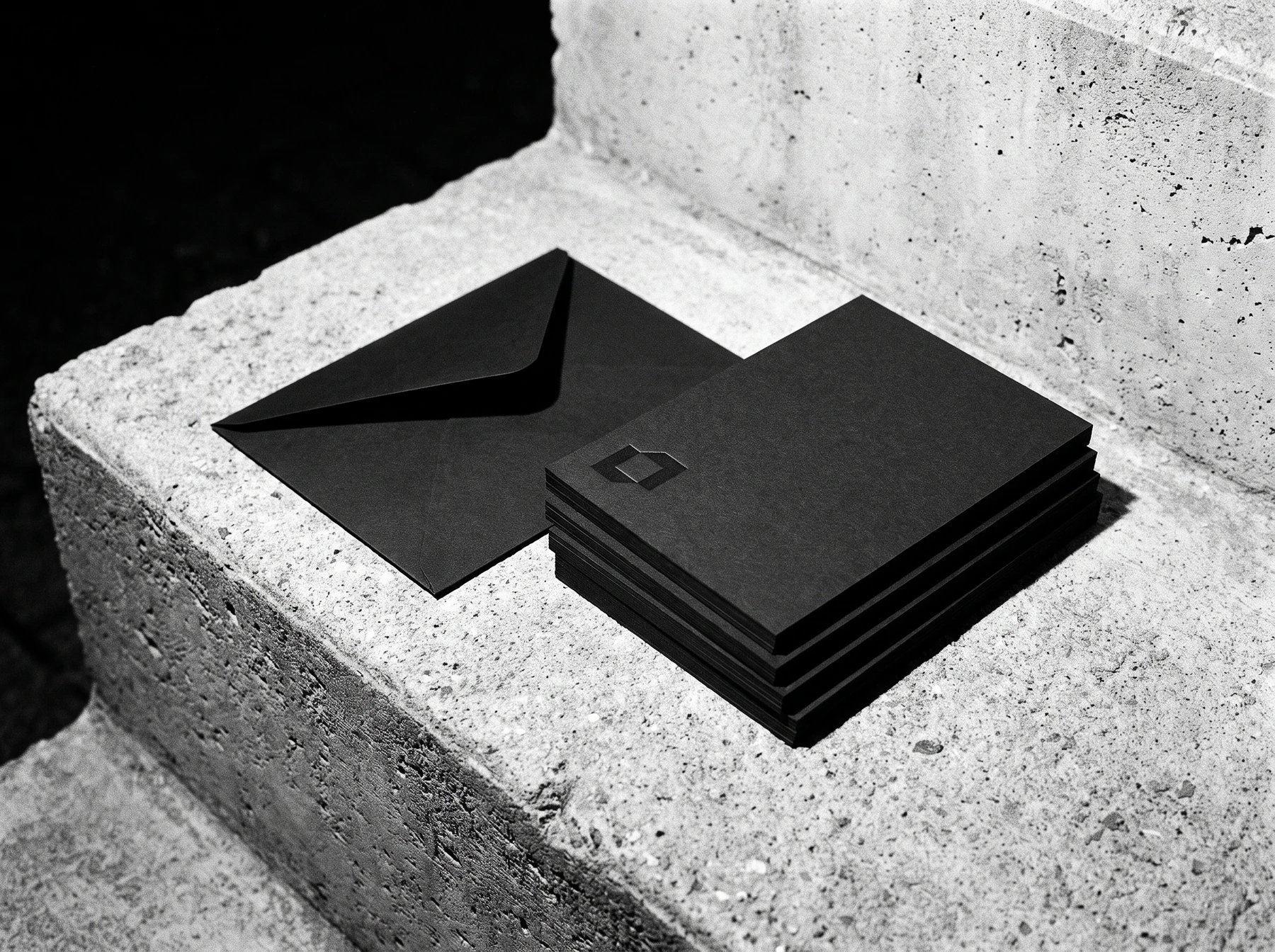 A black envelope and a stack of black cards on a concrete step, shot with flash, the symbol embossed small in the corner of the top card