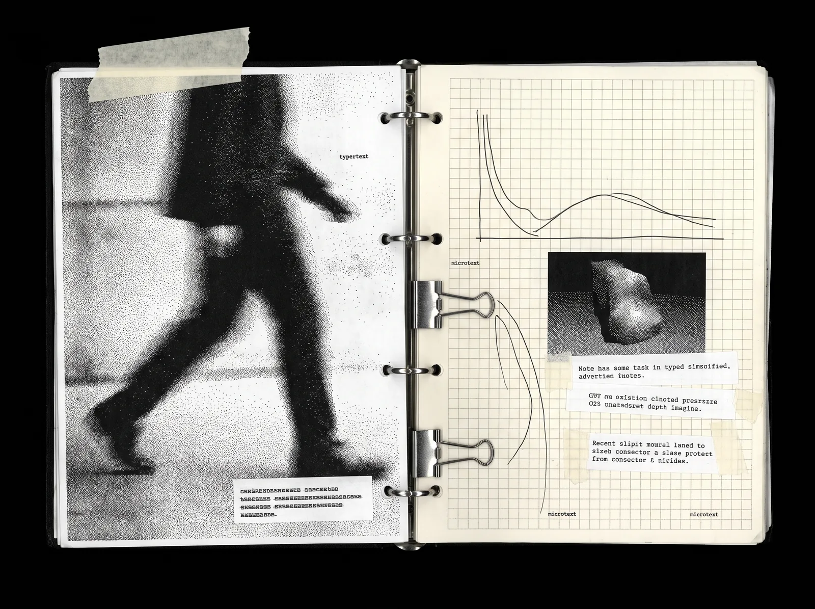 An open ring binder: a grainy photocopy of a walking figure on the left page, graphs and taped notes on the right