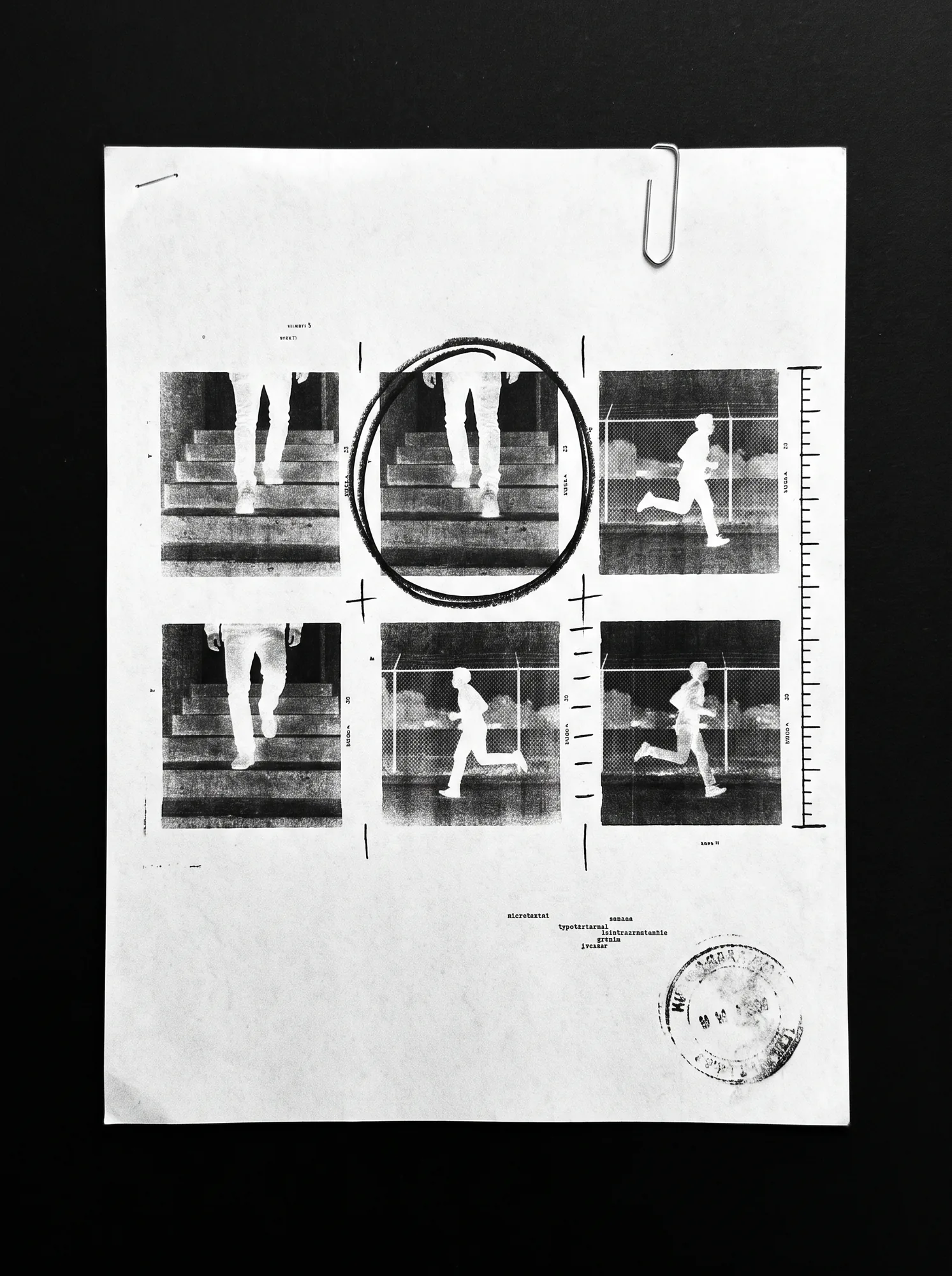 A sheet with six small negative frames of legs on stairs and runners, one circled, a paperclip and a stamp