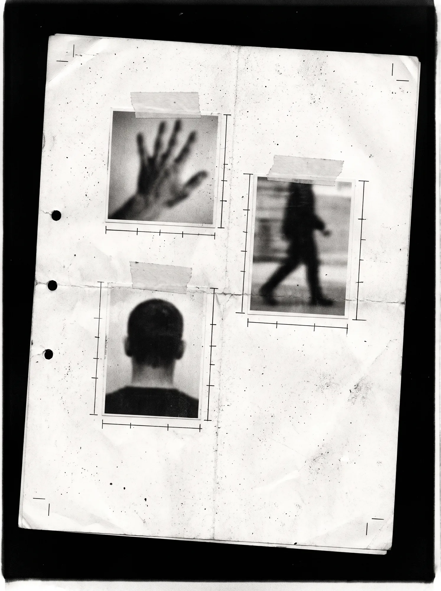 A punched sheet with three taped photographs: a hand, a walking figure, the back of a head