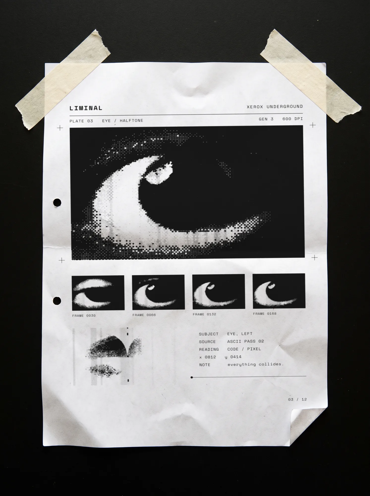 A taped, punched sheet: plate 03, the halftone eye photocopied large with four smaller frames and typed notes under it