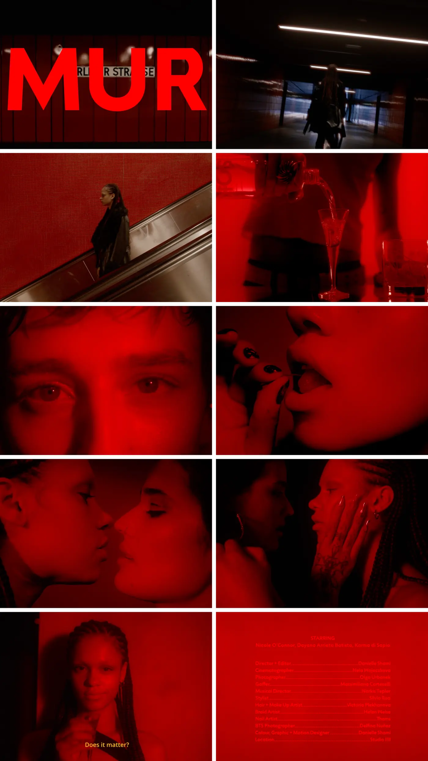 Ten frames from MUR laid out in a vertical grid: the U-Bahn sign, a figure in an underpass, an escalator, a pour, an eye, a cherry, a kiss, a hand on a face, a woman turning to camera, and the closing credit roll