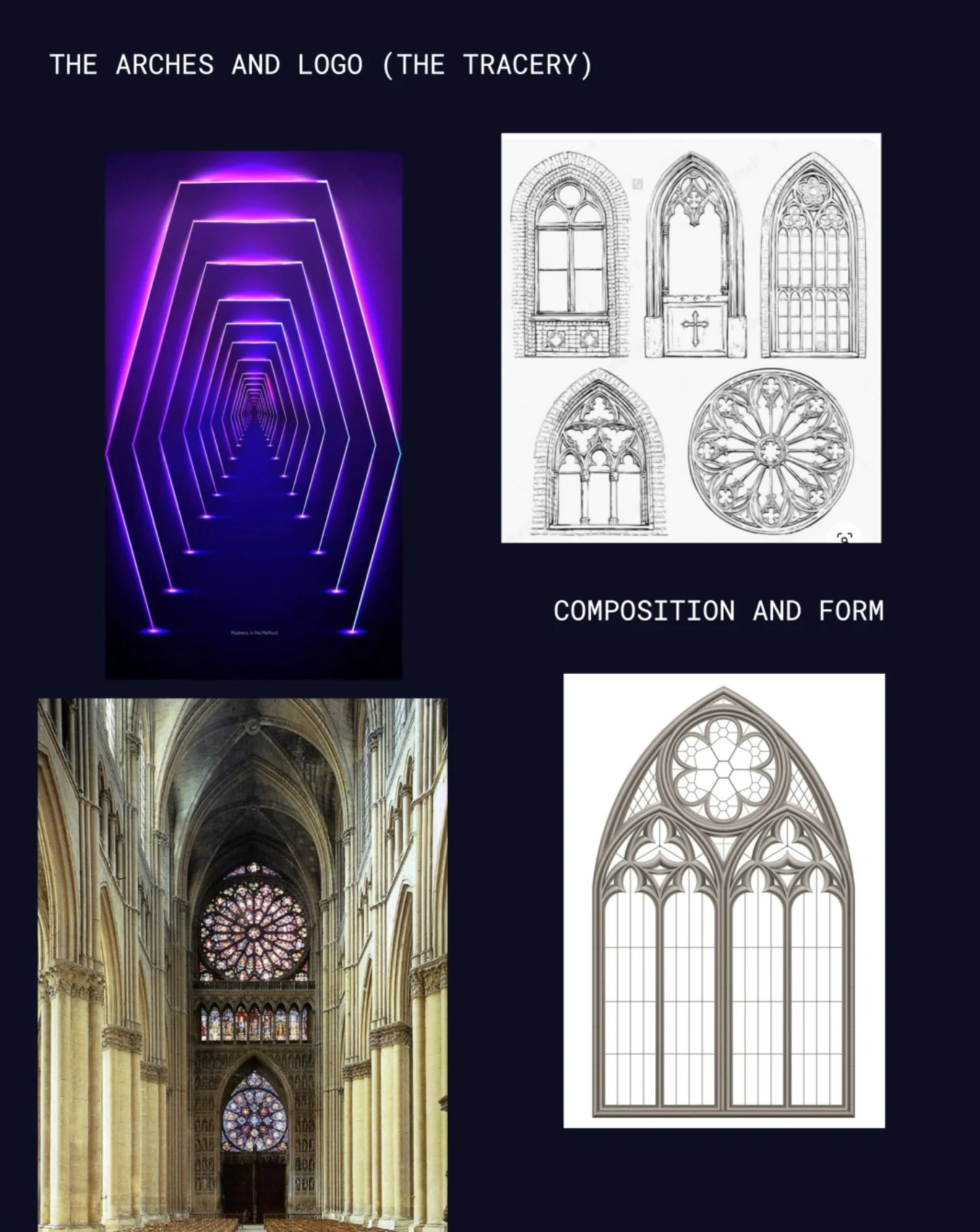 The arches and logo board: a tunnel of glowing arches, drawings of Gothic window tracery and a cathedral rose window