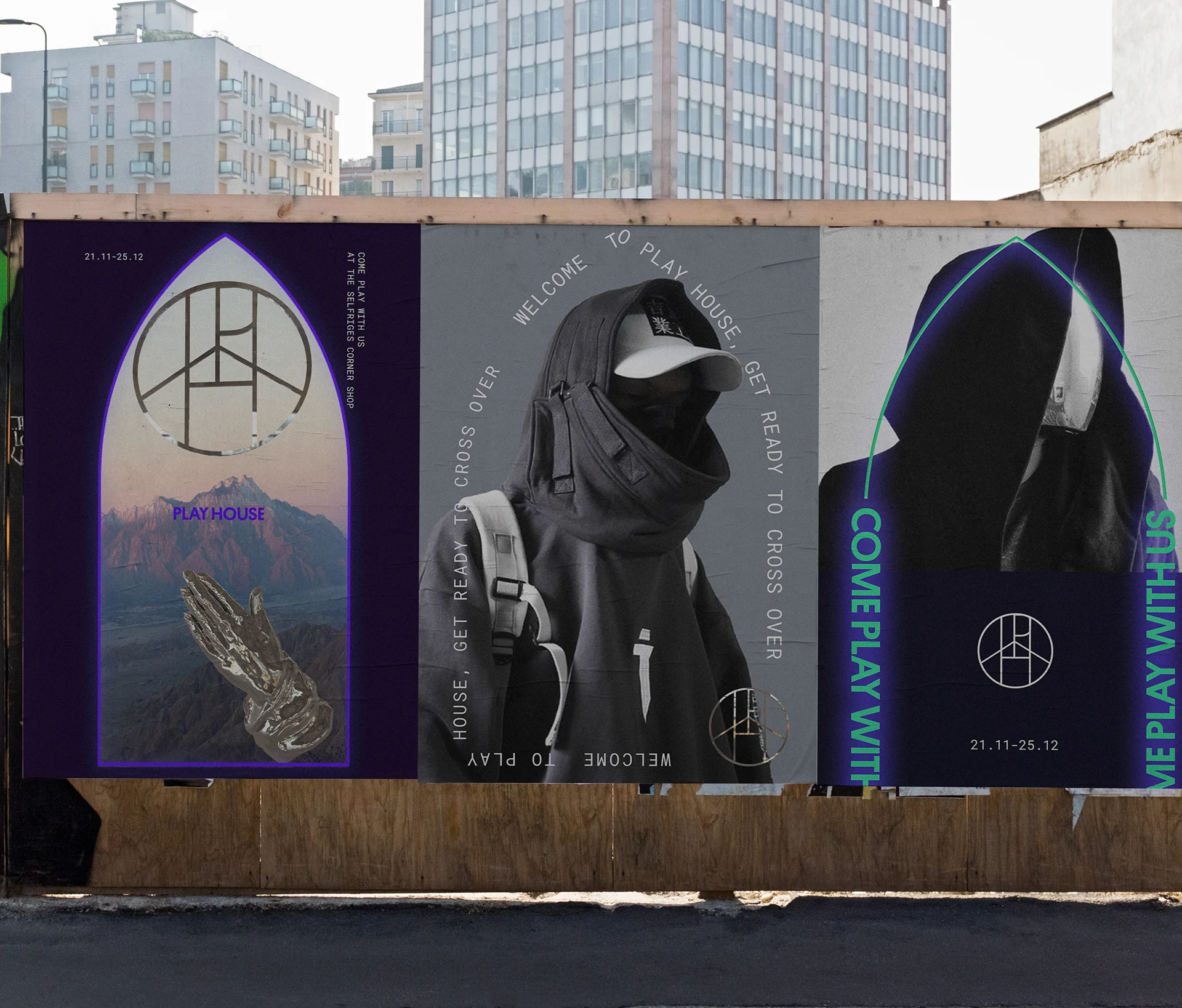 The Playhouse campaign on a street hoarding: the symbol over mountains, hooded figures and the line Come play with us
