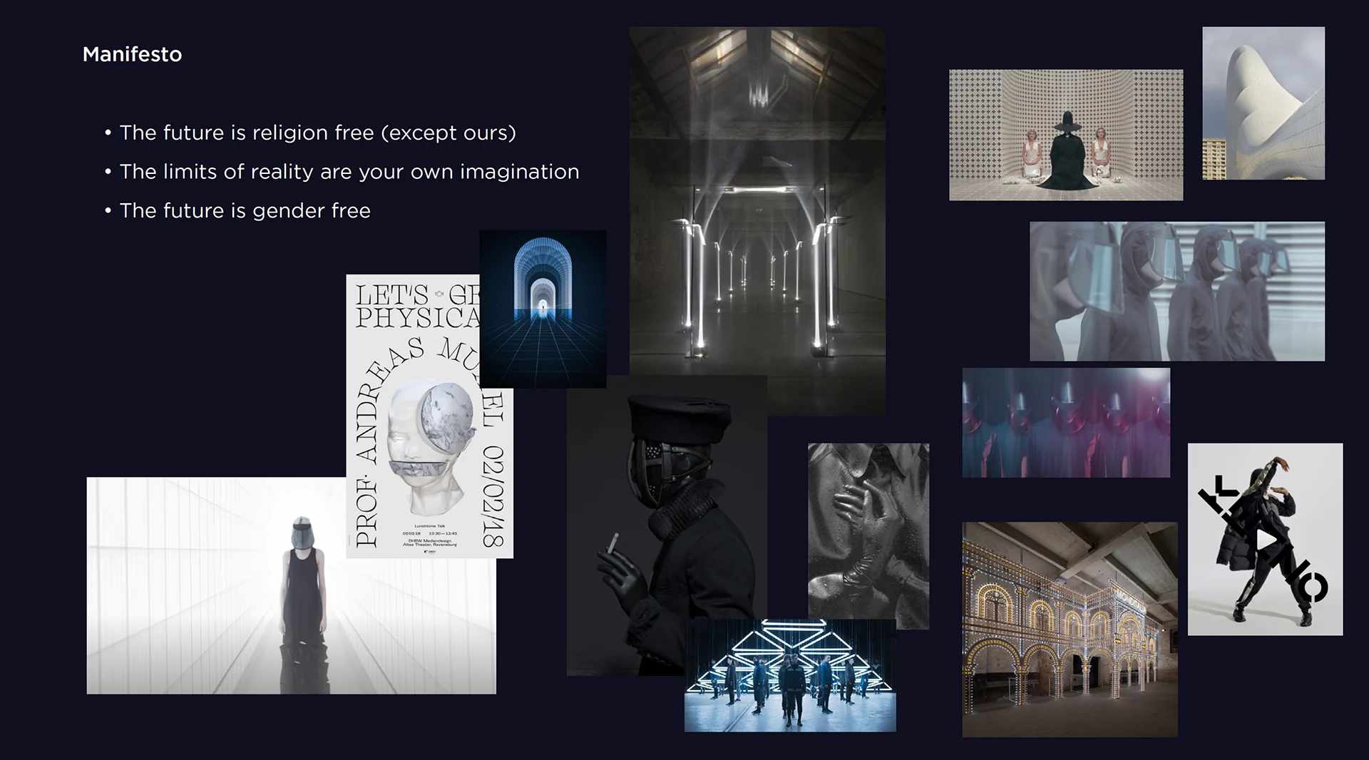 The Playhouse manifesto board: three lines of manifesto beside reference images of ritual, masks and arches