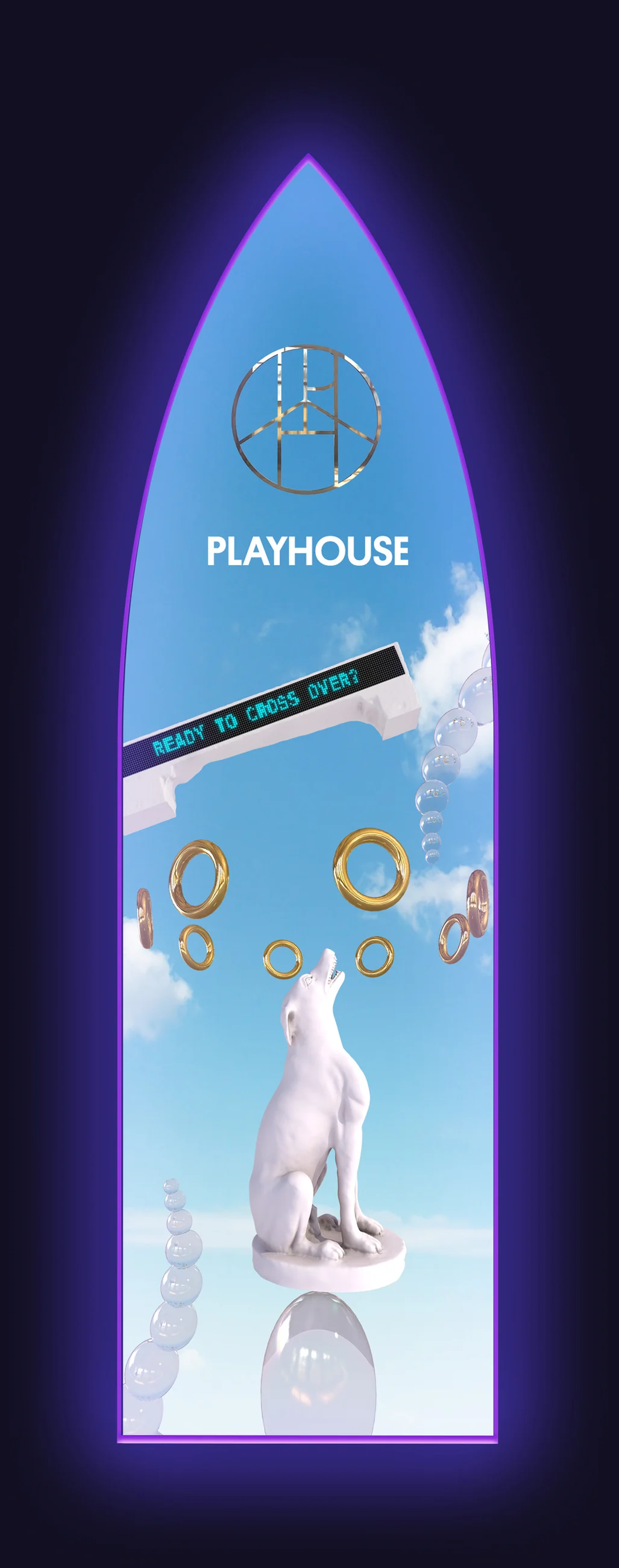 Arch poster: a white alpaca standing on a cloud under the Playhouse symbol