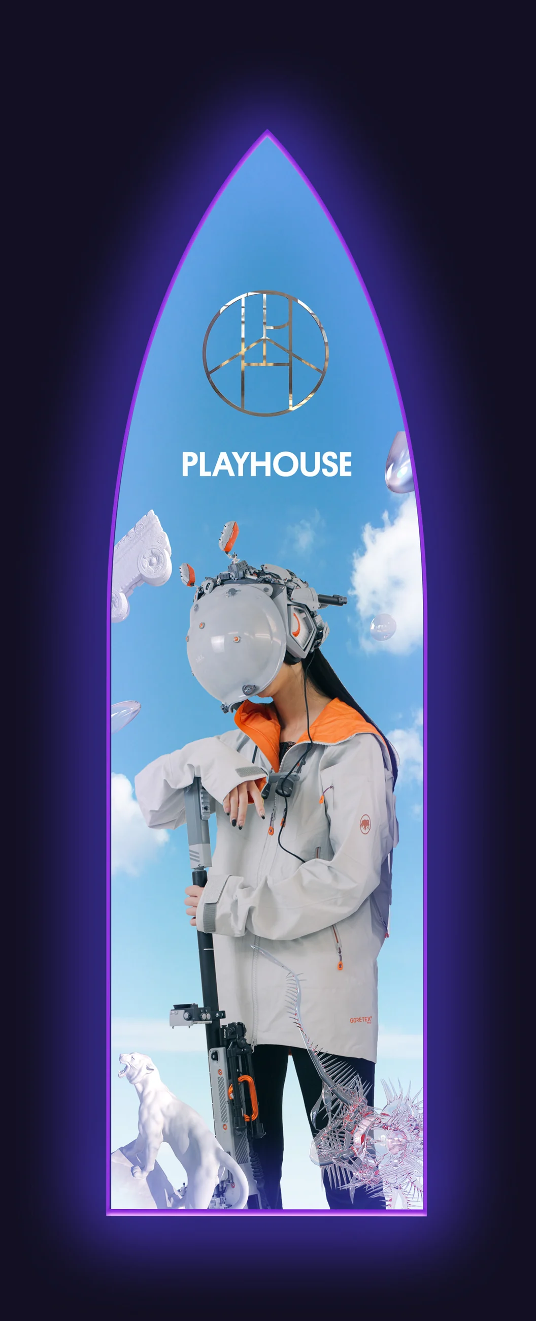 Arch poster: a figure in a white headpiece and puffer jacket against a blue sky, under the Playhouse symbol