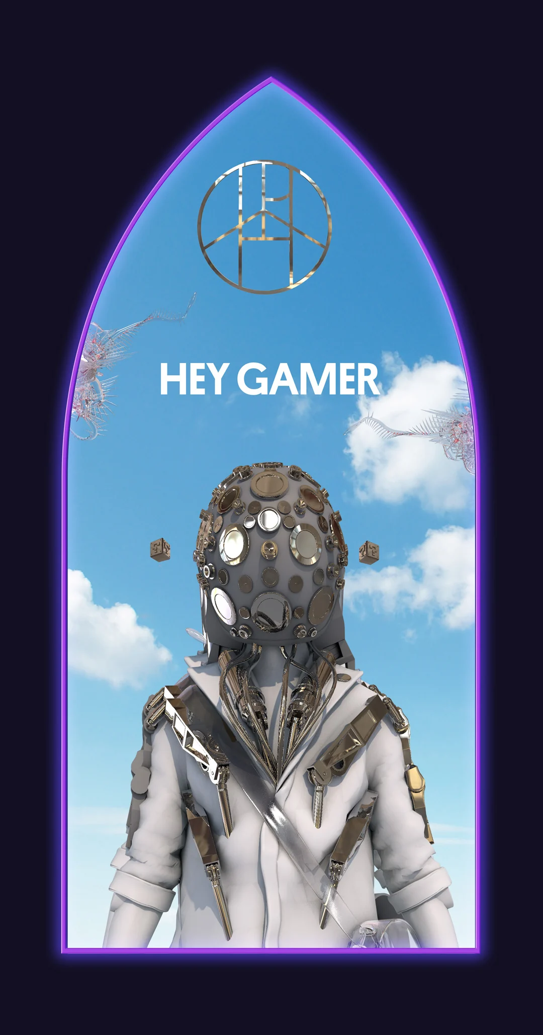 Arch poster: Hey Gamer, above a figure in a dotted mask and a silver puffer jacket
