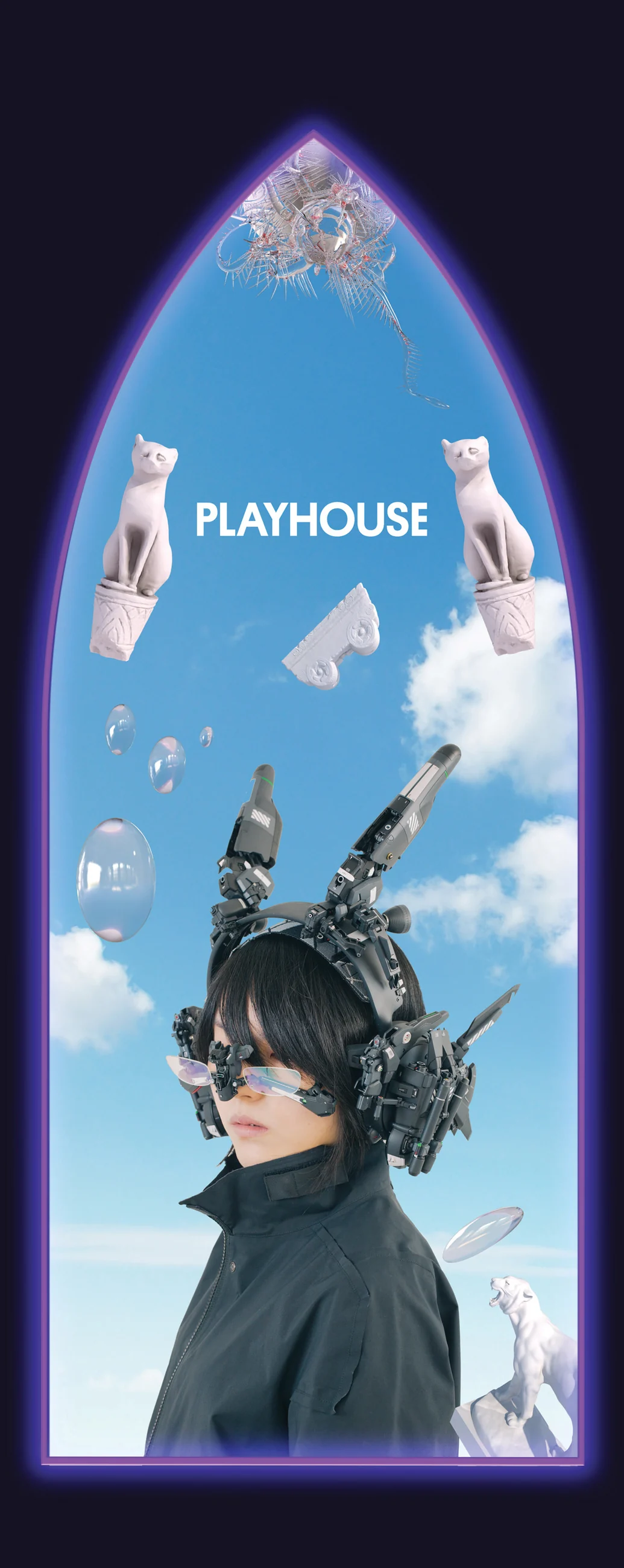 Arch poster: a figure in a black horned headpiece against a blue sky