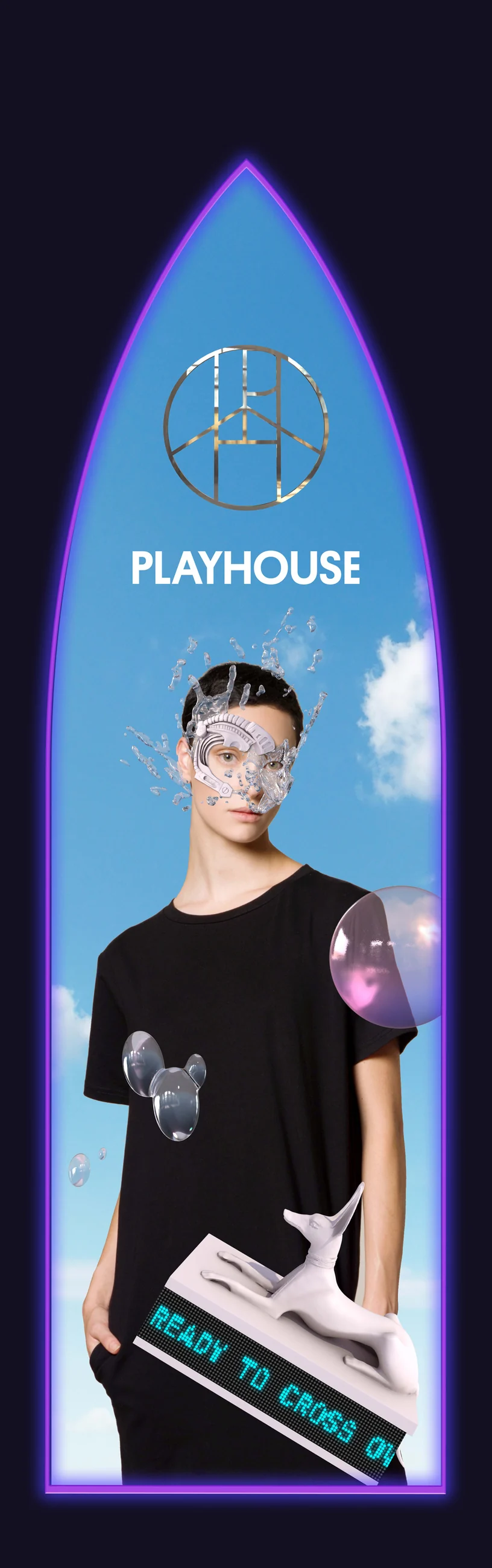 Tall arch banner: a model in a black printed T-shirt under the Playhouse symbol
