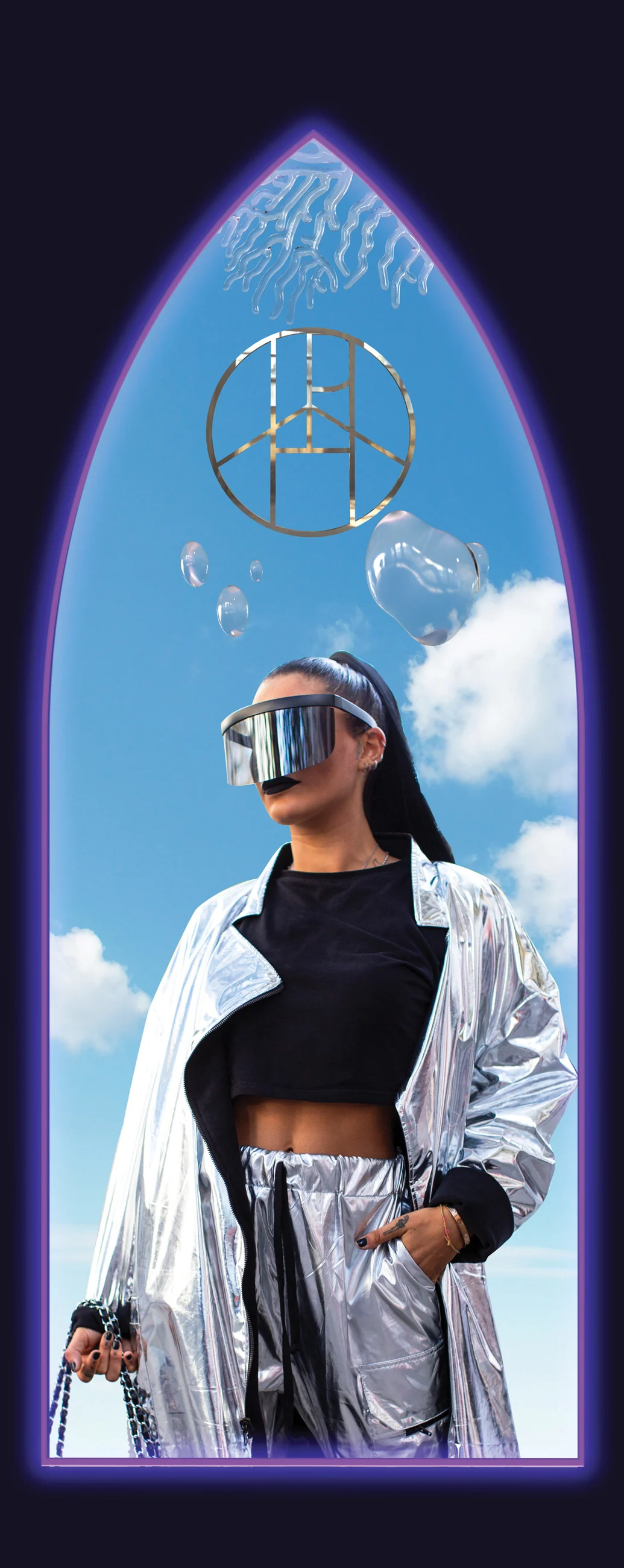 Arch poster: a figure in a visor, crop top and silver jacket against a blue sky